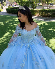 Sweet 16 Dresses Lace blue Quinceanera Dresses Long Sleeves