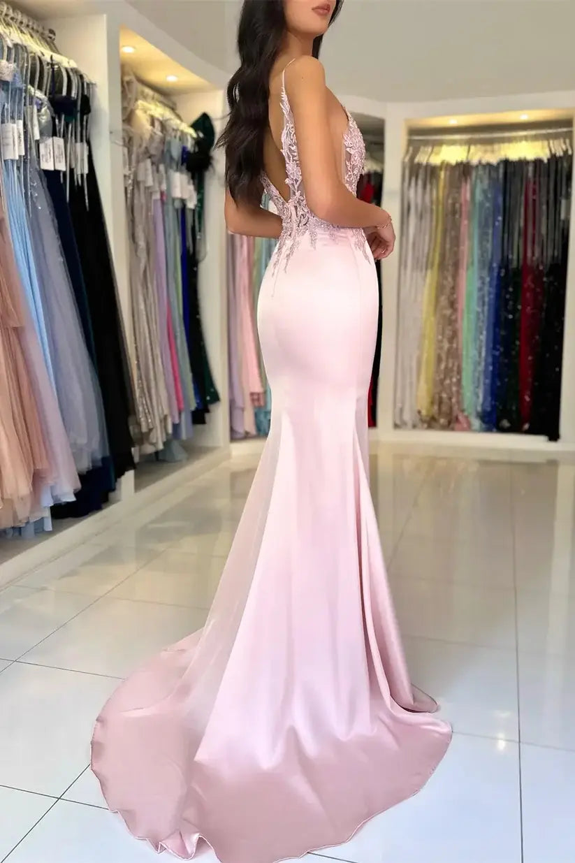 Pink Lace Evening Dress Mermaid Long Prom Dress with high slit