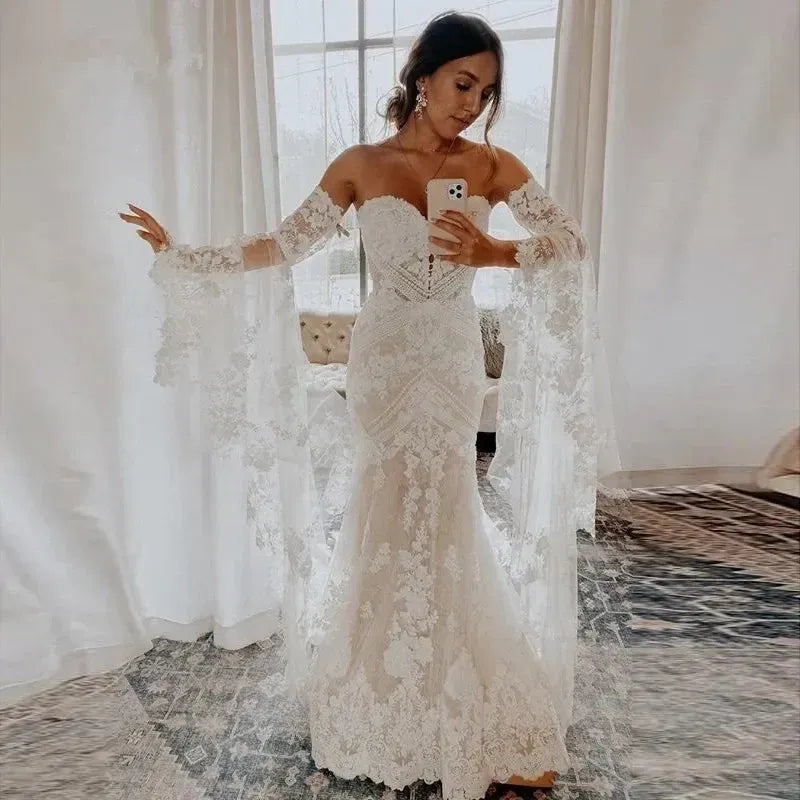 Boho Lace Mermaid Wedding Dress Sweetheart Bell Sleeves