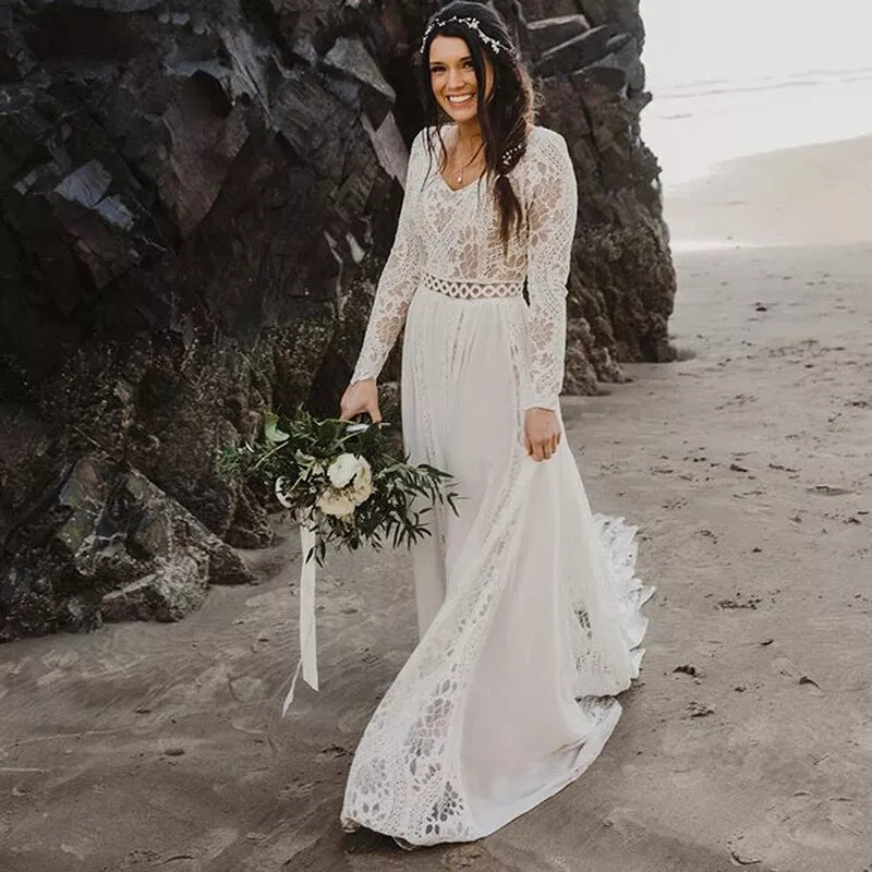 Long Sleeves Lace Beach Wedding Dresses Boho Chiffon V Neck