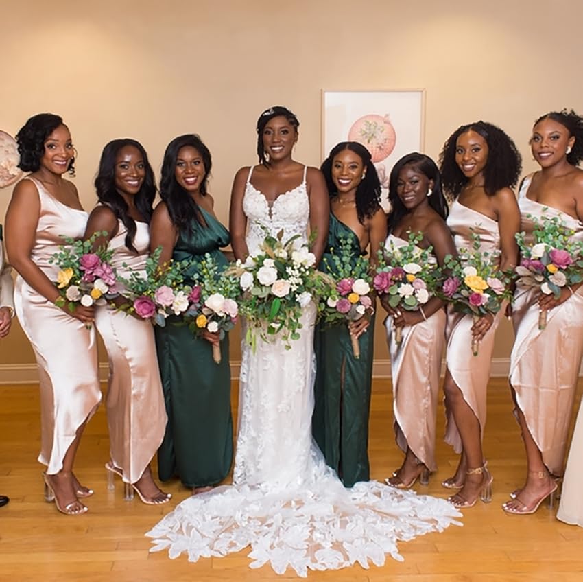 Vestidos cortos de dama de honor de satén color champán, vestidos de invitados de boda con un hombro