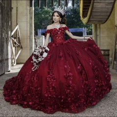 Vestido de quinceañera burdeos con flores, vestido de baile, escote corazón y hombros descubiertos