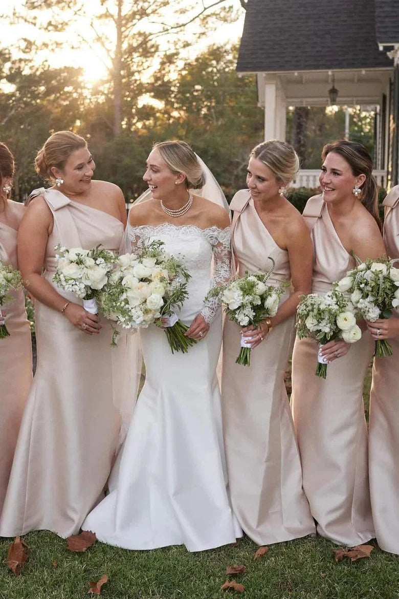 One-Shoulder champagne Bridesmaids Dress with Bow Strap