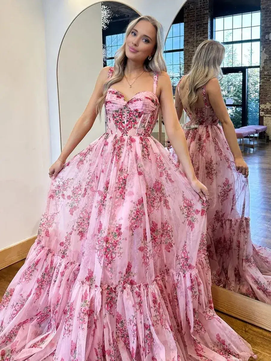 Cheap A Line Floral Pink Prom Dresses Printed Long Evening Gown Mychicdress