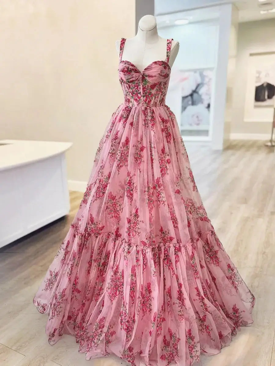 Cheap A Line Floral Pink Prom Dresses Printed Long Evening Gown Mychicdress