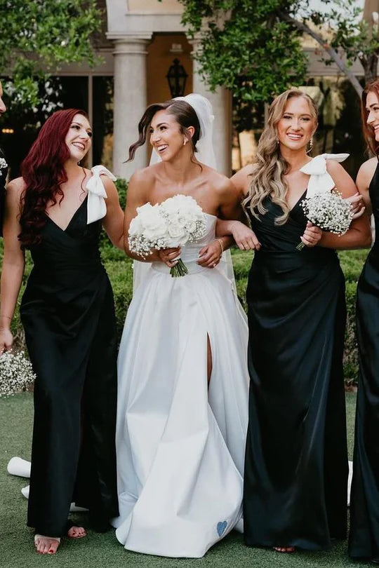 Cheap Black Satin Bridesmaid Dress V-Neck with Bow Straps Mychicdress