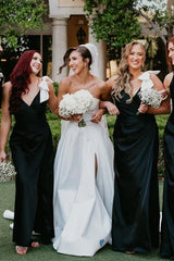Cheap Black Satin Bridesmaid Dress V-Neck with Bow Straps Mychicdress