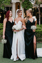 Cheap Black Satin Bridesmaid Dress V-Neck with Bow Straps Mychicdress