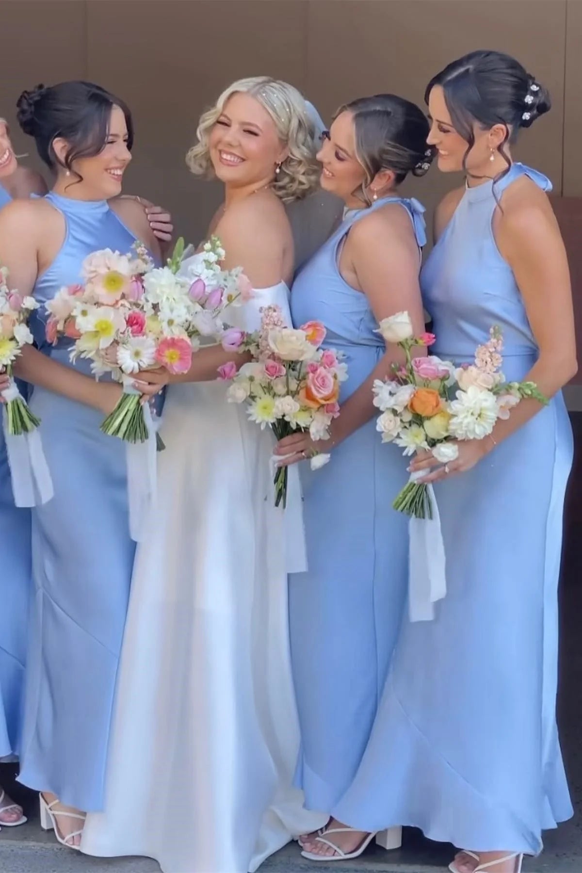 Cheap Halter Satin Bridesmaid Dress Sky Blue Maxi Guest Dress Mychicdress