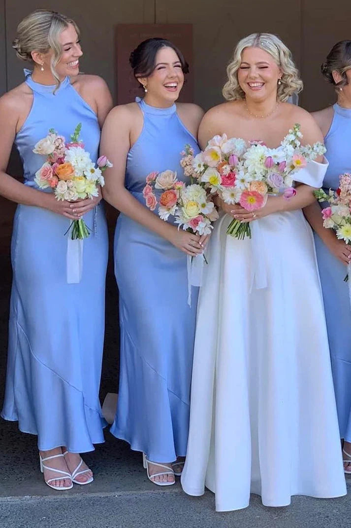 Cheap Halter Satin Bridesmaid Dress Sky Blue Maxi Guest Dress Mychicdress