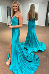 Teal Cheap Prom Dress Satin Mermaid Long Formal Wears