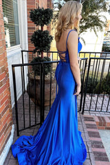 royal blue formal gown Cheap Prom Dress Satin Mermaid Long Formal Wears