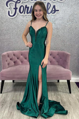 green formal gown Cheap Prom Dress Satin Mermaid Long Formal Wears