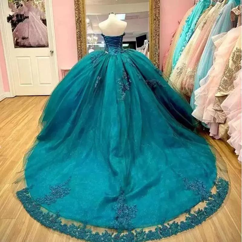 Cheap Turquoise Quinceanera Dresses Off the Shoulder Beaded Applique Mychicdress