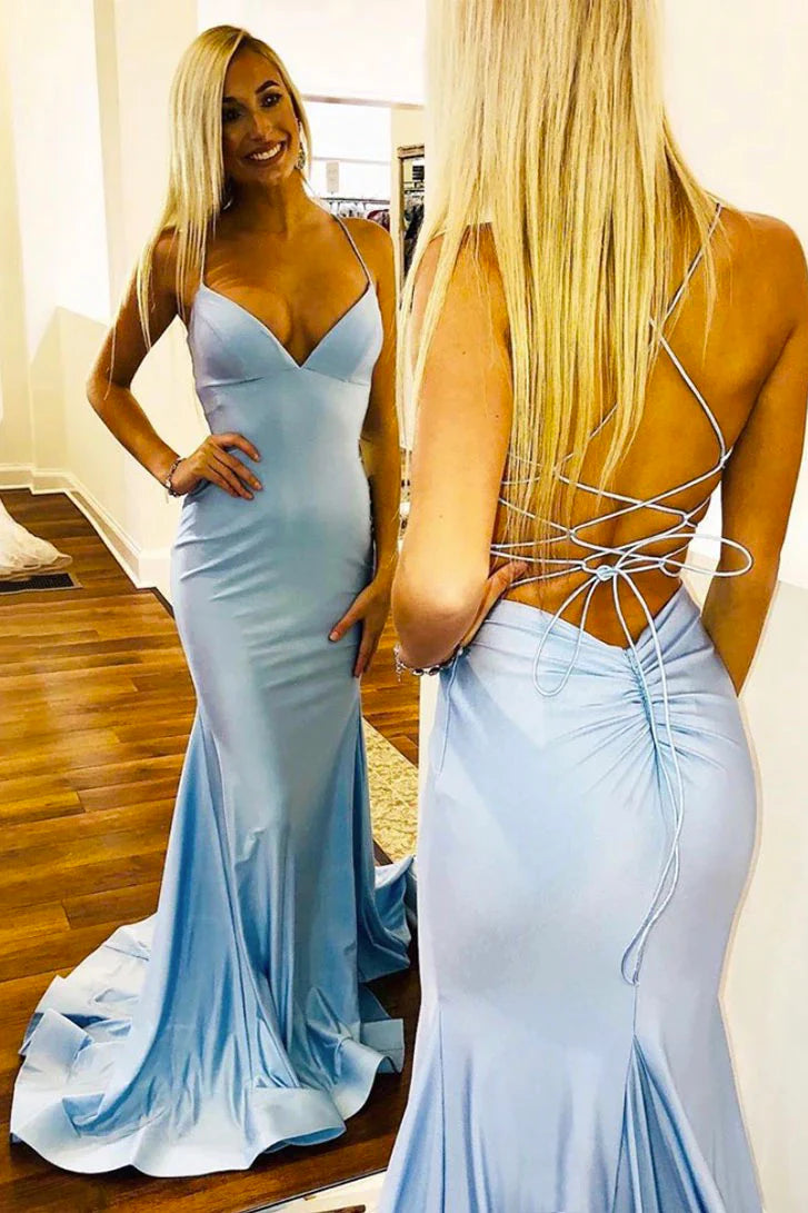 Light Blue Satin Long Prom Dress Mermaid Formal Dress - MyChicDress