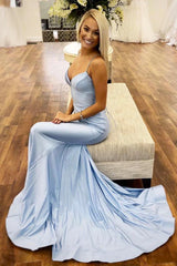 Light Blue Satin Long Prom Dress Mermaid Formal Dress