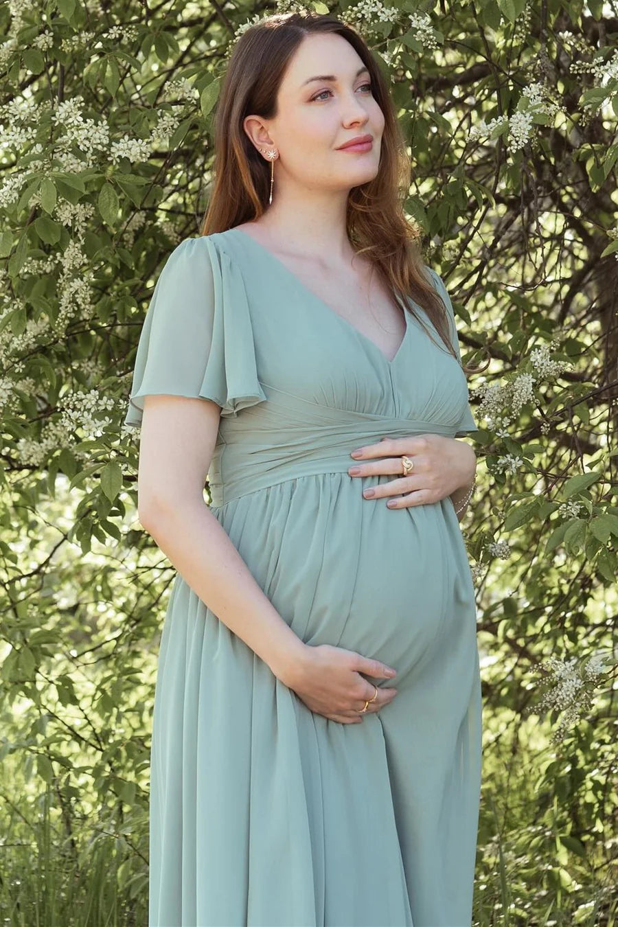 Chiffon Maternity Bridesmaid Dress Dusty Sage V-Neck with Flared Sleeves Mychicdress
