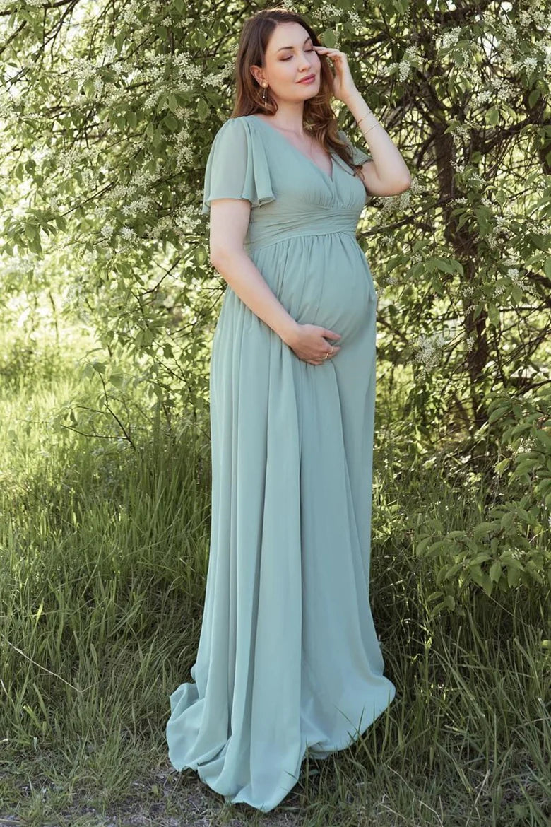 Chiffon Maternity Dusty Sage Bridesmaid Dress V-Neck with Flared Sleeves Mychicdress