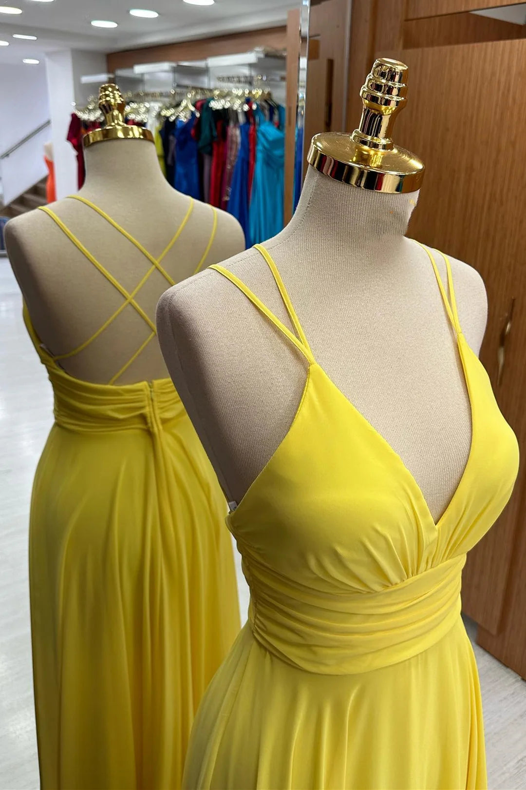 Chiffon Yellow V-Neck Bridesmaid Dress for Summer Wedding Cross Back Mychicdress