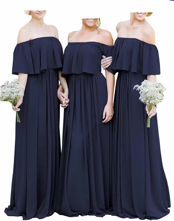 Vestidos de dama de honor bohemios de gasa burdeos con hombros descubiertos, largos y baratos