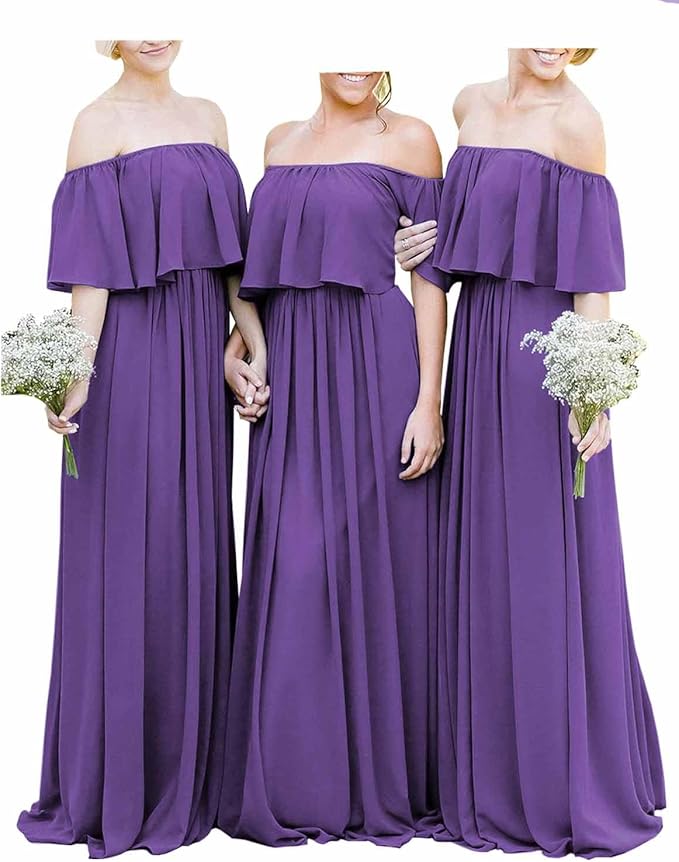 Vestidos de dama de honor bohemios de gasa burdeos con hombros descubiertos, largos y baratos