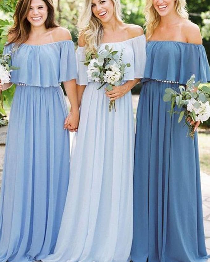 Vestidos de dama de honor bohemios de gasa burdeos con hombros descubiertos, largos y baratos