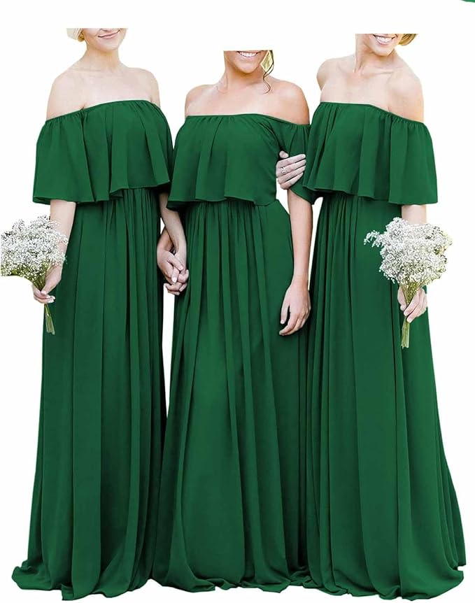 Vestidos de dama de honor bohemios de gasa burdeos con hombros descubiertos, largos y baratos