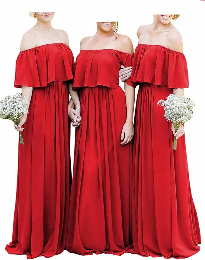 Vestidos de dama de honor bohemios de gasa burdeos con hombros descubiertos, largos y baratos