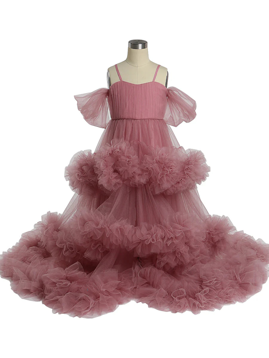 Pink dress with ruffled layers Cloud Flower Girls Dresses for Weddings Ruffles Birthday PhotoShoot Dress Mychicdress