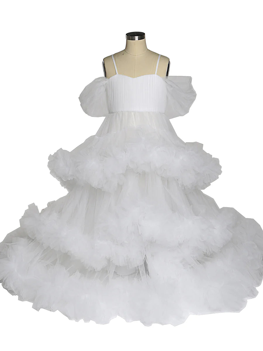 White Cloud Flower Girls Dresses for Weddings Ruffles Birthday PhotoShoot Dress Mychicdress