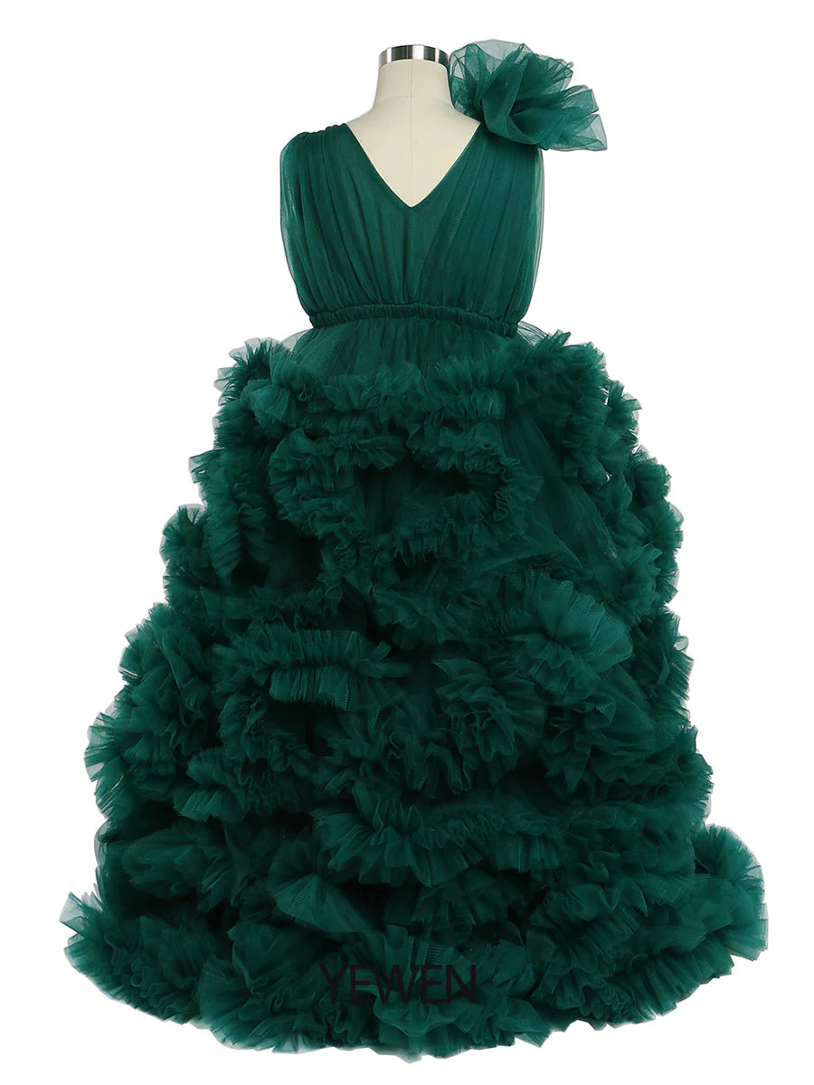 Cloud Ruffles Little Flower Girls Dress dark green Baby Shower Photoshoot Mychicdress