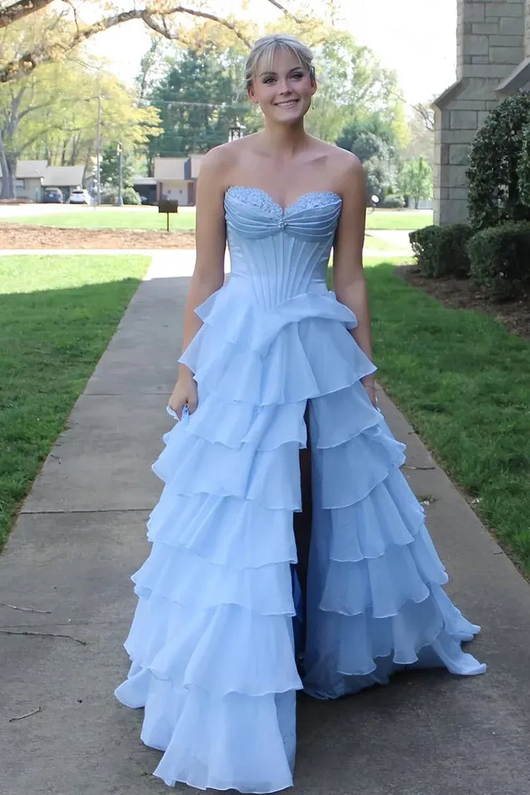 Corset blight blue Ruffled Prom Dresses Chiffon Strapless Applique