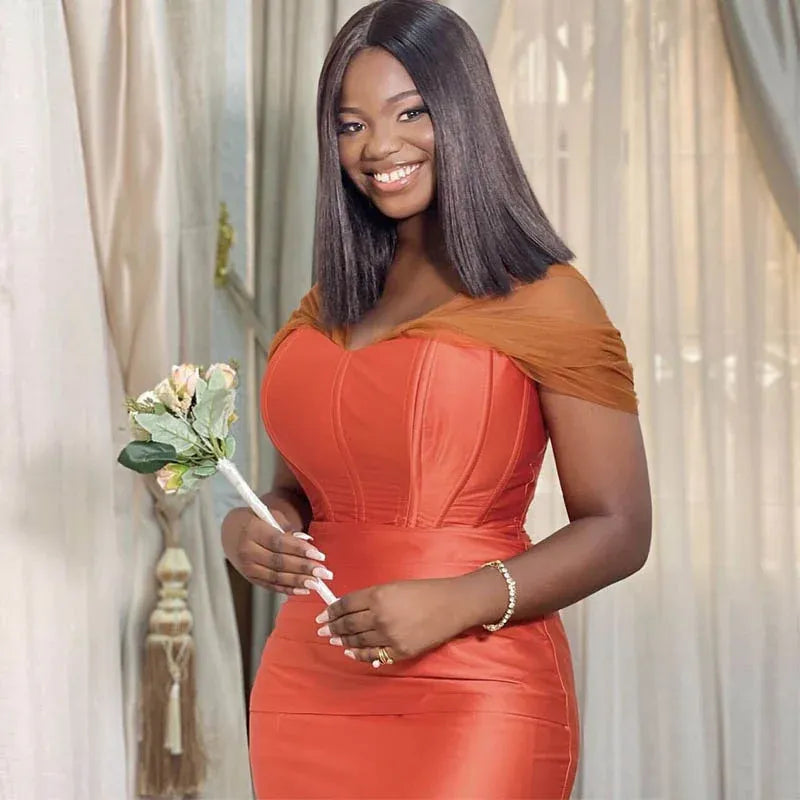 Corset Burnt Orange Bridesmaid Dresses Satin Mermaid with Tulle Straps