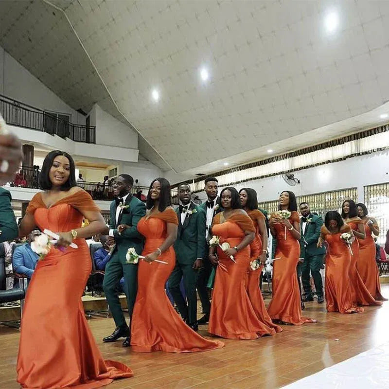 Corset Burnt Orange Bridesmaid Dresses Satin Mermaid with Tulle Straps