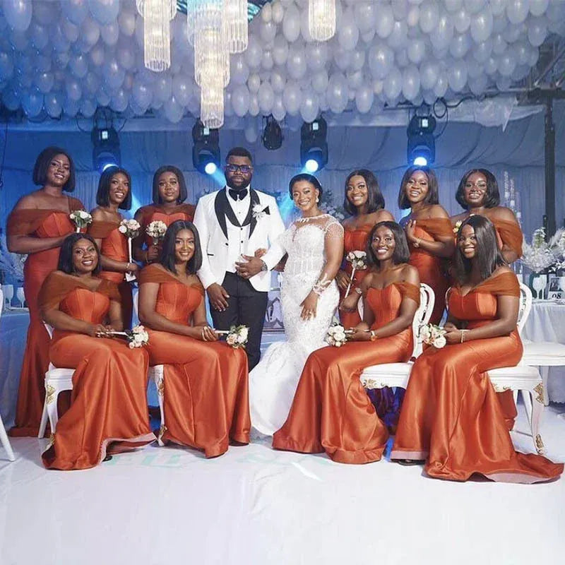 Corset Burnt Orange Bridesmaid Dresses Satin Mermaid with Tulle Straps