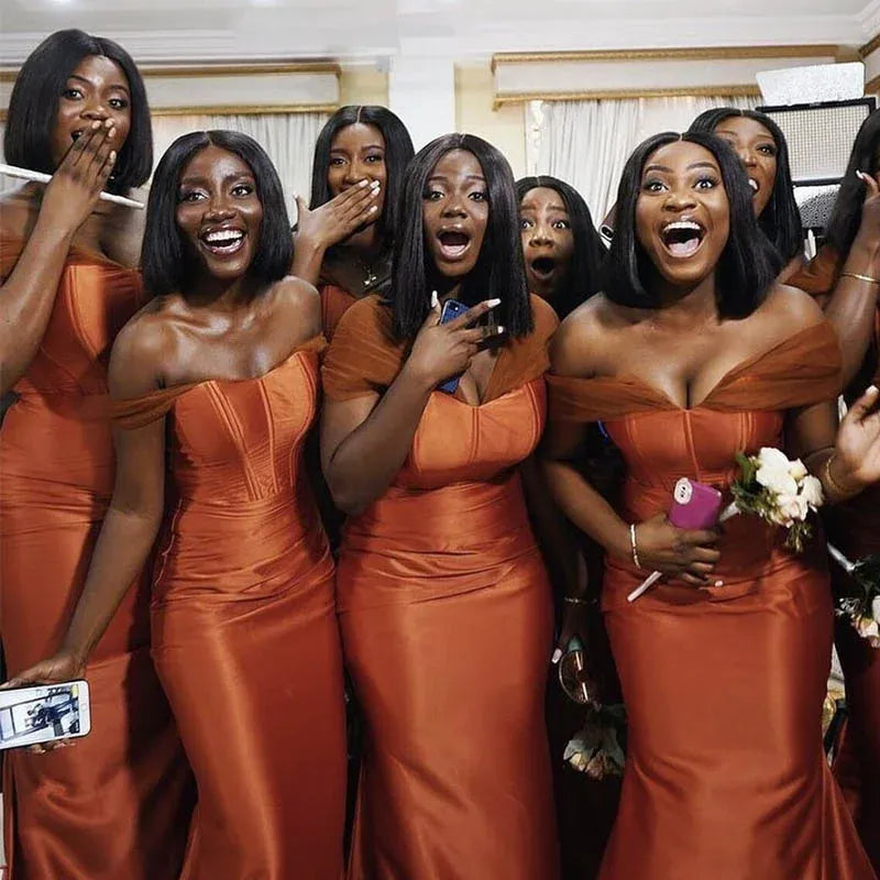 Corset Burnt Orange Bridesmaid Dresses Satin Mermaid with Tulle Straps