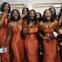 Corset Burnt Orange Bridesmaid Dresses Satin Mermaid with Tulle Straps