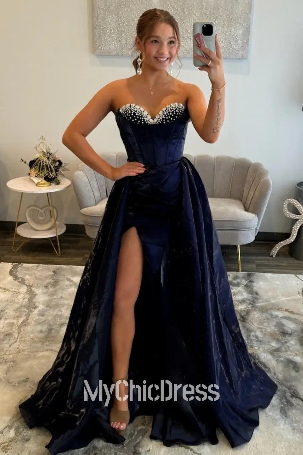 Corset Evening Gown Satin Beaded Navy Blue Prom Dresses with Slit