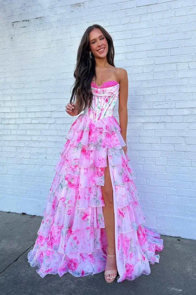 2026 Corset Floral Pink Prom Dresses Sweetheart Layered Ruffle Skirt