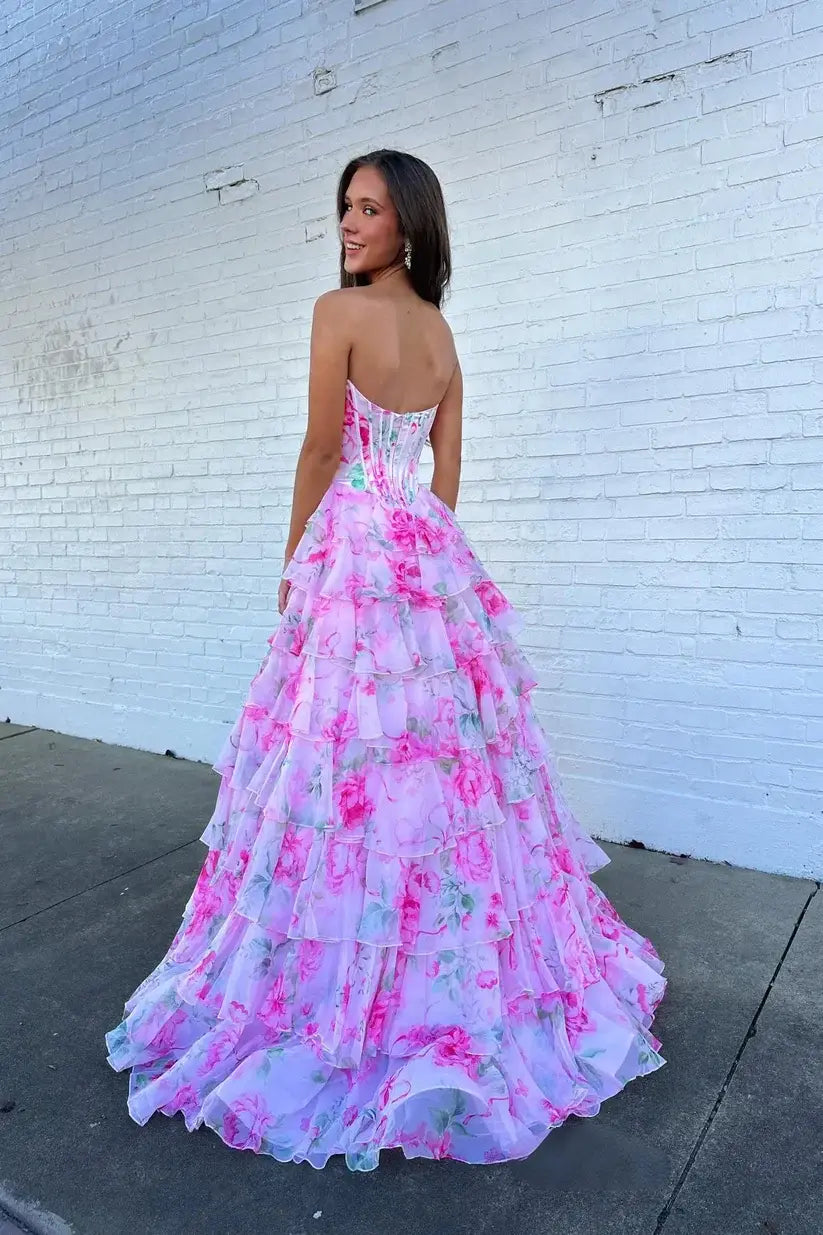 2026 Corset Floral Pink Prom Dresses Sweetheart Layered Ruffle Skirt