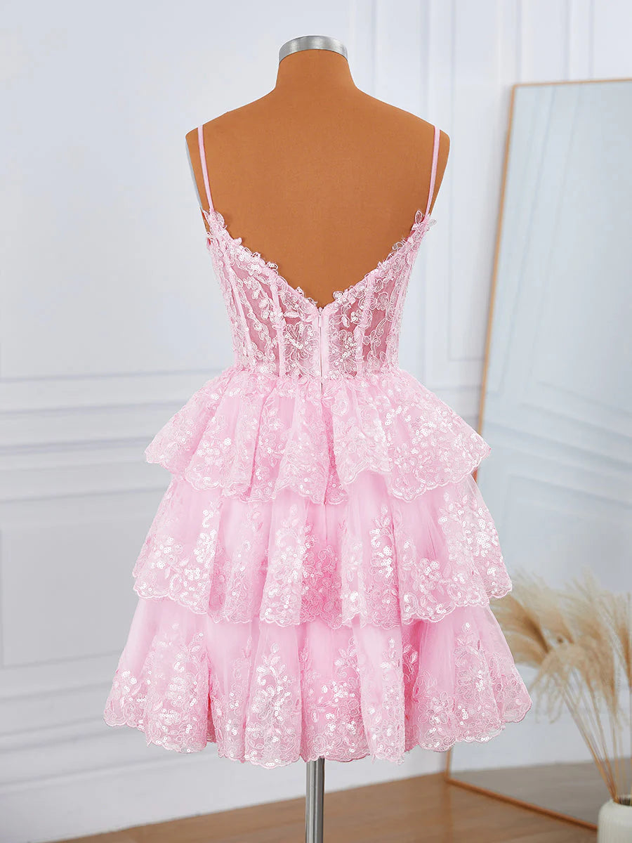 Corset Pink Mini Dress Tulle V-neck Appliques Short Lace Hoco Dress