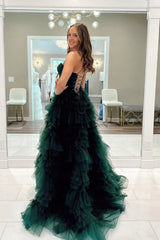 Corset Ruffles Dark Green Prom Dress Tiered Tulle A Line with Slit