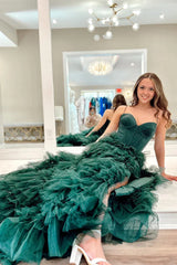 Corset Ruffles Dark Green Prom Dress Tiered Tulle A Line with Slit