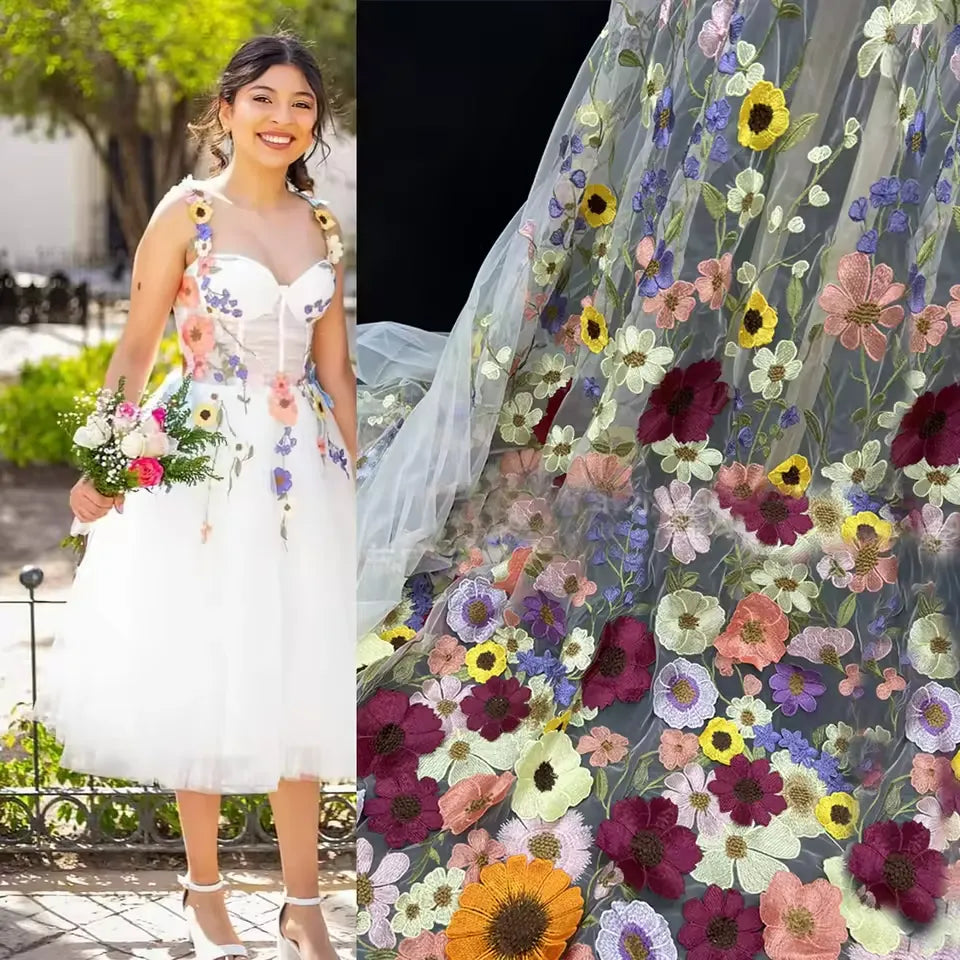 Vestido de fiesta floral hecho a medida, corte A, largo hasta el tobillo, con tul bordado