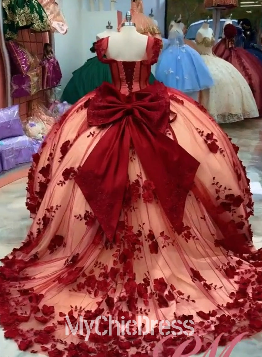 Custom Made Red 15 Dress Ball Gown Quinceanera Dress with Flowers Mychicdress