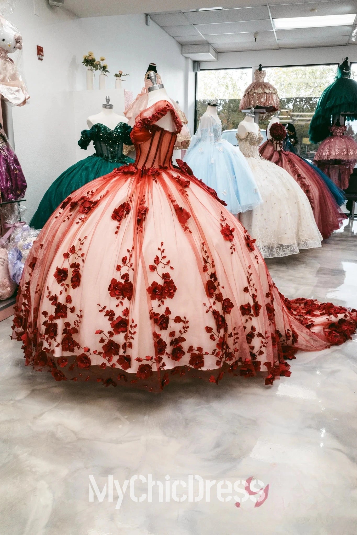 Custom Made Red 15 Dress Ball Gown Quinceanera Dress with Flowers Mychicdress