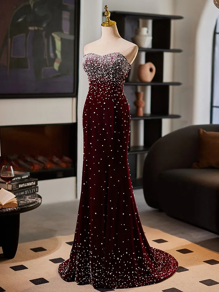 Custom made Strapless Burgundy Velvet Evening Gown Pearls Mychicdress