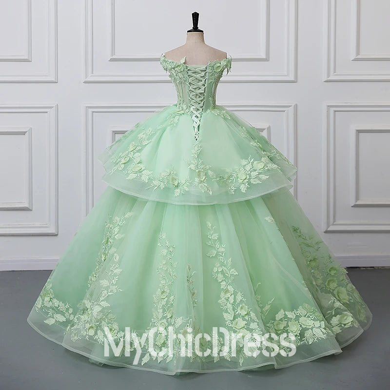 Green ball gown quince dresss with floral embroidery