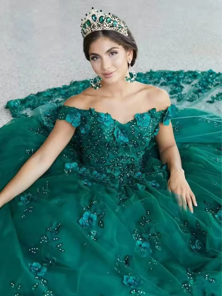 Customized Ball Gown Quinceanera Dress Emerald Green Sequined Appliques