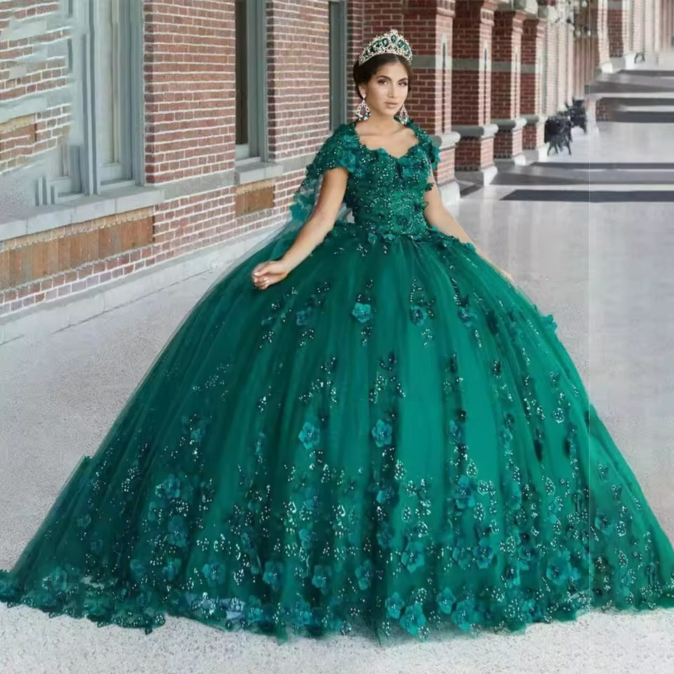 Customized Ball Gown Quinceanera Dress Emerald Green Sequined Appliques